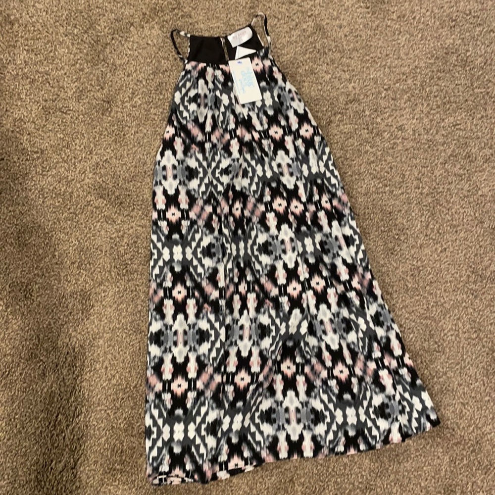 Pink, grey, black print dress